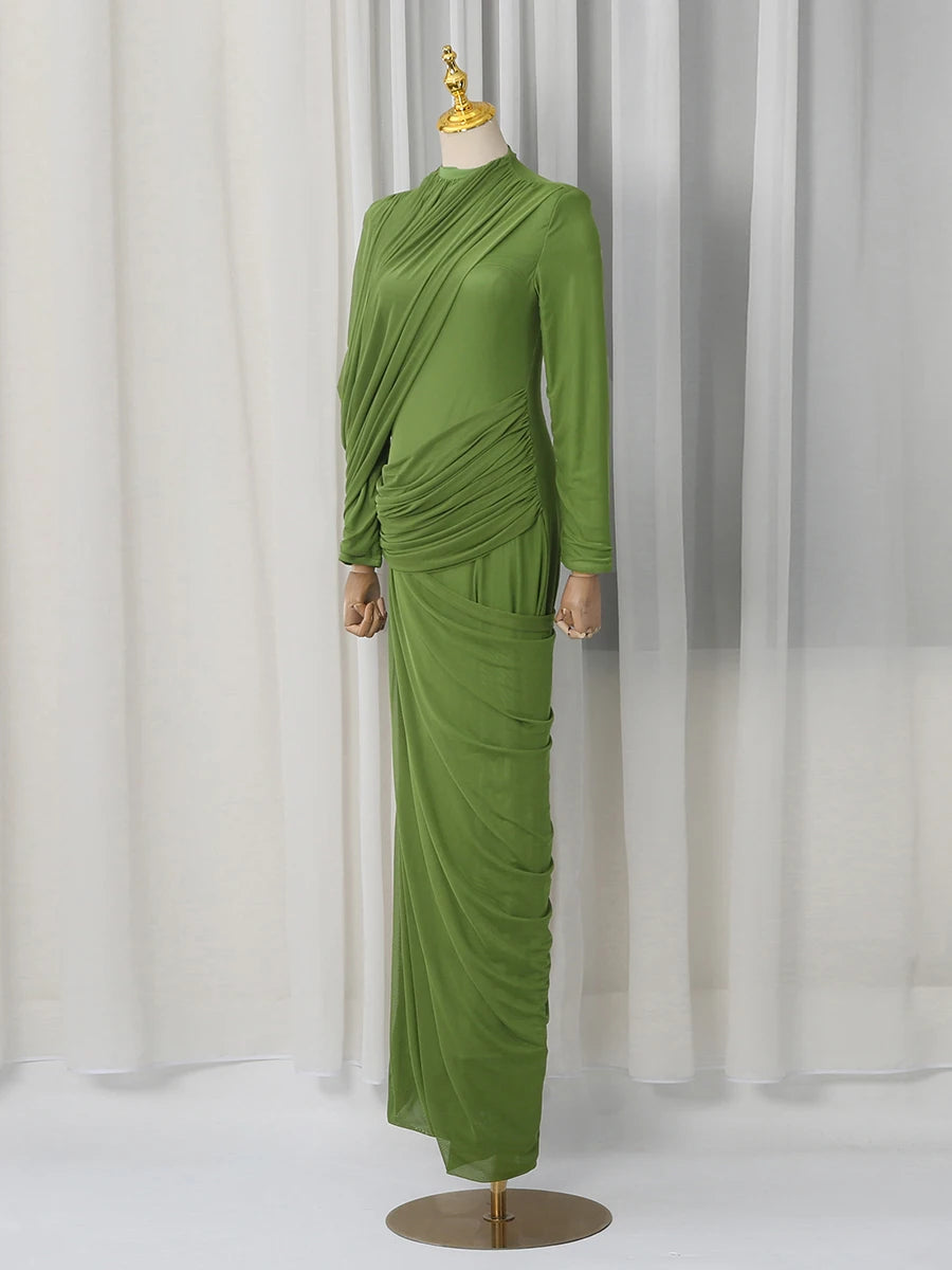 VGH Elegant Vintage Spliced Ribbon Dresses for Women Turtleneck Long Sleeve Irregular Folds Evening Luxurious Maxi Dress Female