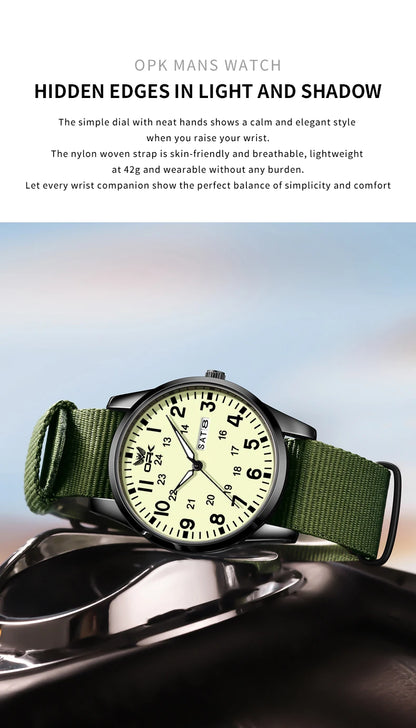 OPK 6090 Quartz Watches for Man Fashion Casual Nylon Webbing Watchband Dual Calendar Waterproof Luminous Men's Sports Watches