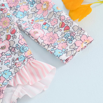 MISOWMNJOY Ruffle Floral Print Baby Girls Beachwear Summer Rash Guard Swimsuit Long Sleeve Bathing Suit Infant Swimwear with Hat