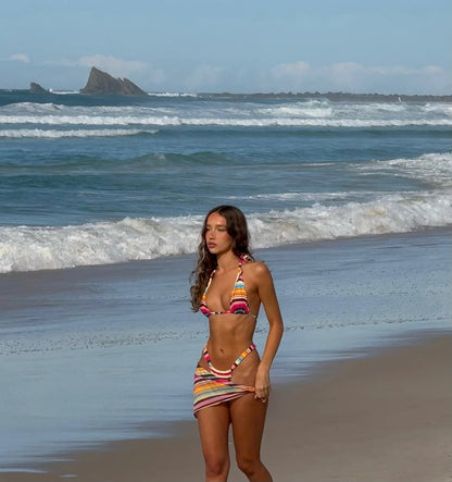Sexy Stripe Bikini with Scarf Swimsuit Women Shirring Swimwear High Leg Two Piece Bathing Suit Beachwear Halter Biquini