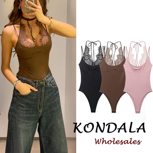 KONDALA 2026 Woman Sexy Night Party Pink Bodysuits Patchwork Lace Sleeveless Streetwear Slim Bodysuits Fashion Mujer Sheath Tops