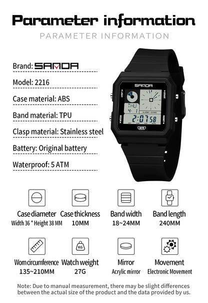 SANDA 2216 Fashion Electronic Watch Multifunction Alarm Calendar Waterproof Sports Student Digital Watches