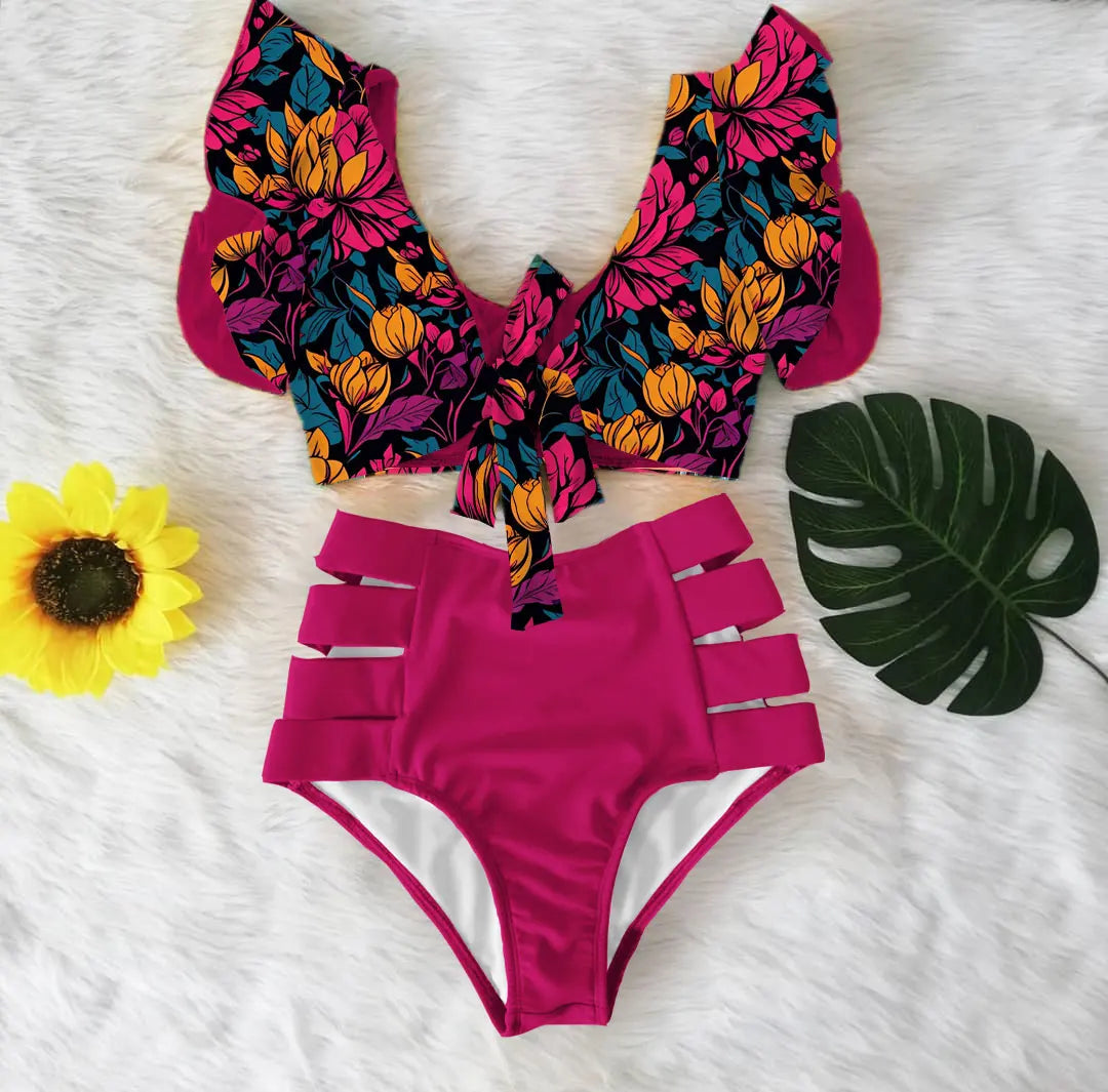 High Waist Ruffled Sexy Bikini Set 2025 Flounce Biquini Swimwear Women Two Pieces Swimsuit Floral Beachwear V-Neck Bathing Suit