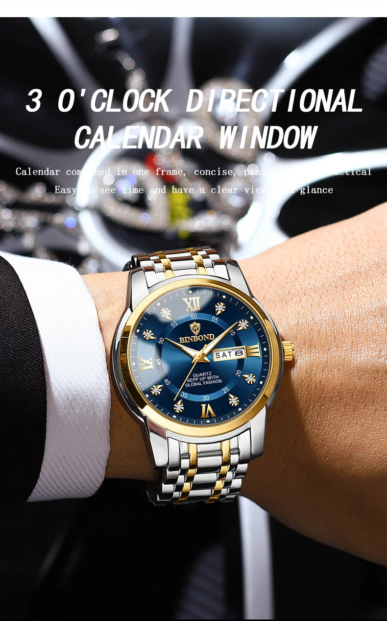 BINBOND Luxury quartz wristwatches luminous waterproof week auto date men's watch business sport clock fashion casual reloj