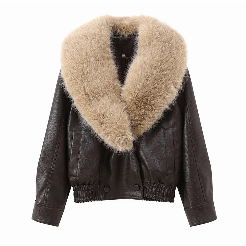 Brown Faux Fur Collar Leather Jacket Women Oversize Design Long Sleeve Coat 2025 Fashion Luxurious Versatile Bomber Outerwear
