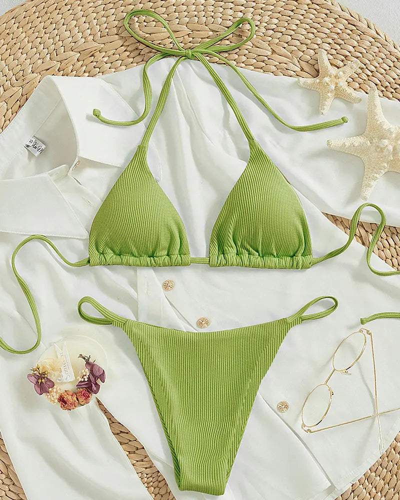 2025 Special Pit Stripe Fabric Bikini Set Women Sexy Simple Solid Halter Bikini Swimsuit High Waisted Lace Up Beach Bathing Suit