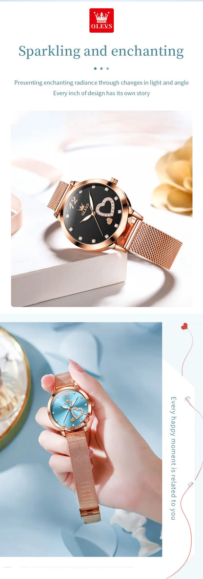 OLEVS 5189 Quartz Watch for Women Diamond Love Heart Design Fashion Elegant Rose Gold Mesh Steel Strap Waterproof Ladies Watches