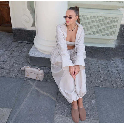 Drop Waist Lantern Pant 3 Pieces Suit Women Stripe Bikini Long Sleeve Lapel Shirt Pants Sets 2026 Female Casual Street Outfit