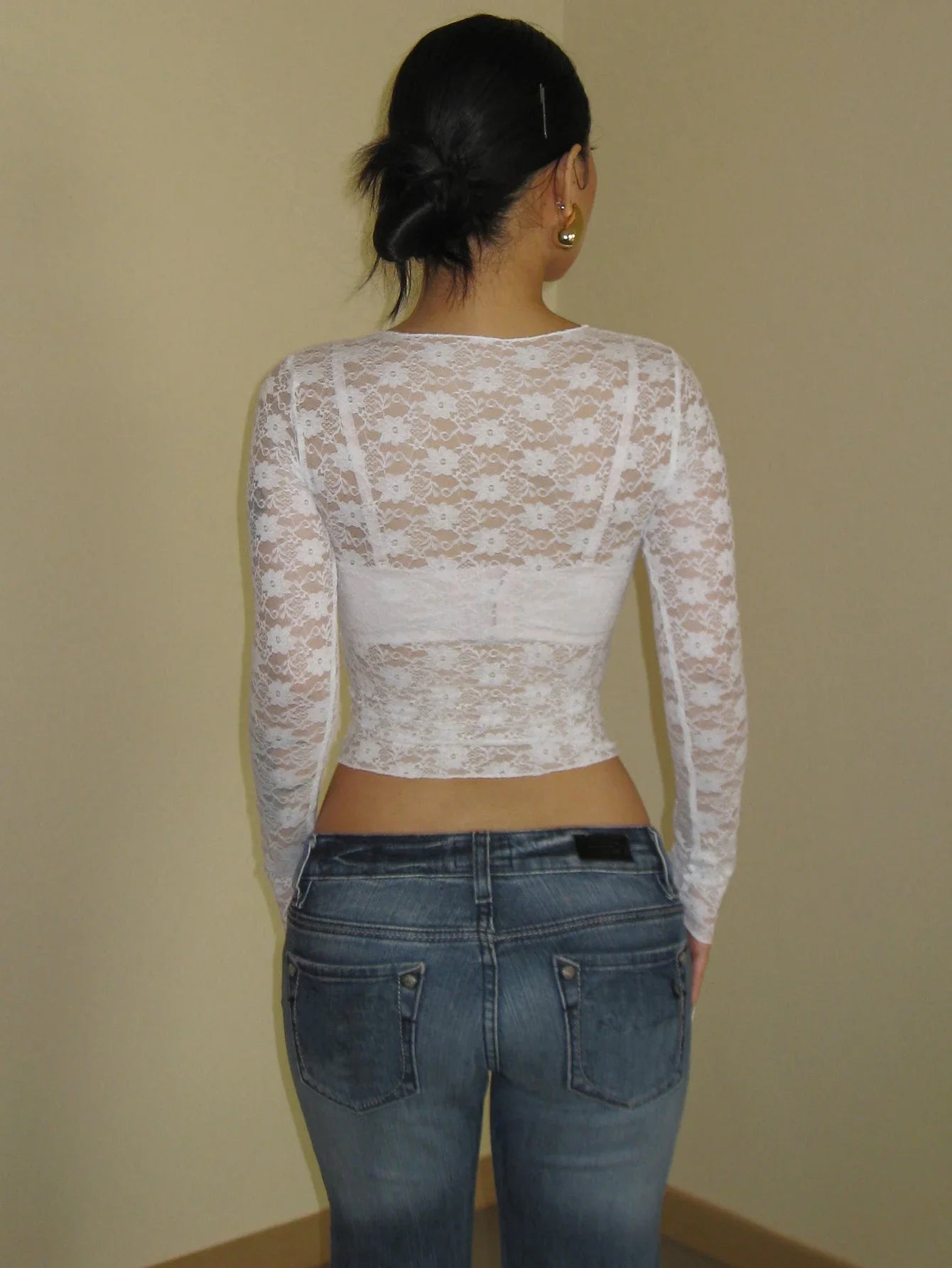 Mooyufon Long Sleeves See Through Lace Crop Top Solid Sexy Bodycon T-Shirt For Women Party Club Autumn Winter Clothes