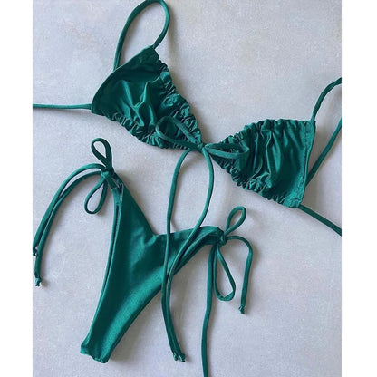 BIQIUYYI Brazilian Sexy Micro Mini Thong Bikini Set Summer Bandage Swimsuit Women Pleated Bathing Suit Beachwear Halter Biqiuni