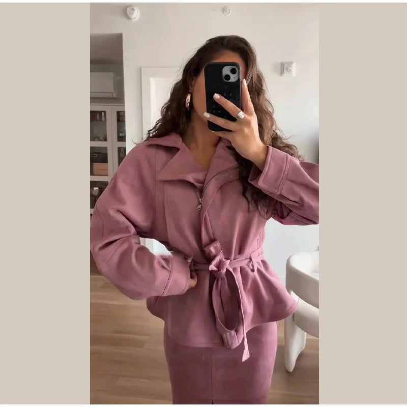 Women's Faux Suede Cropped Trench Coat Jacket Belted Notched Lapel Lace-up Retro Chic Outerwear Spring New High Street Outfit