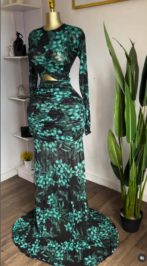 GLCMYAYA 2025 Fall Women O-neck Long Sleeve Print Mermaid Maxi Dress 2025 Evening Birthday Beach Sexy Night Party Long Dresses