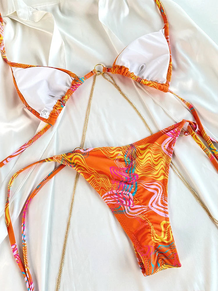 ZRTAK Micro Thongs Swimsuit Women Sexy Bikinis Bathing Suit Rings Biquini Bandage Beachwear Print Swimwear Sexy Bikini Sets