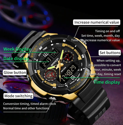 SANDA 6197 Top Class Men's Korean Student Electronic Watch Sports Multi functional Alarm Clock Waterproof Men's Watches 2024