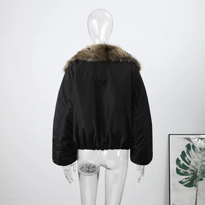 Fashion Faux Fur Patchwork Jacket Women Stand Collar Full Sleeve Warm Lace Up Loose Jackets 2026 Lady New Casual Outwear Street