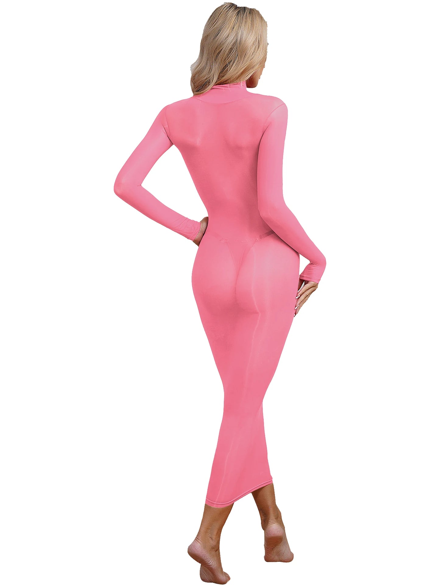 Womens See Though Bodycon Dress Sexy Lingerie Nightwear Long Sleeve Stretchy Glossy Dresses Tempting Party Pole Dancing Clubwear