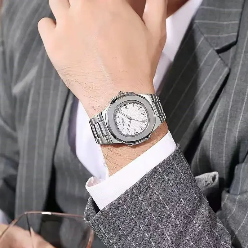 Fashion Luxury Business Square Quartz Watches Classic Stripe Design Dial with Stainless Steel Band Wristwatch for Men Relogio