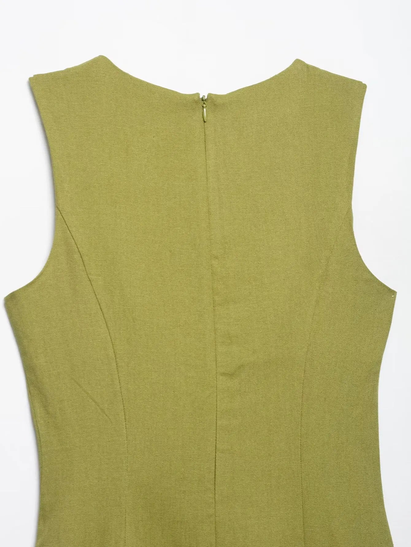 2025 Summer Elegant Dress Women Fashion Solid Square Collar Sleeveless Single Breasted Dress Ladies Vacation Green Spilt Dresses