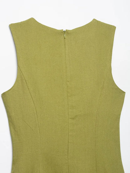 2025 Summer Elegant Dress Women Fashion Solid Square Collar Sleeveless Single Breasted Dress Ladies Vacation Green Spilt Dresses
