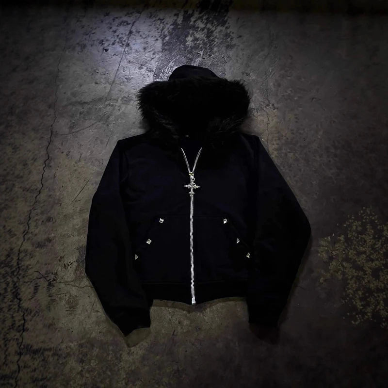 Fur collar cardigan zipper hooded jacket autumn and winter punk hip-hop rock dark style rock fashion all-match Y2K retro jacket