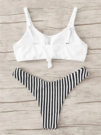 Sexy Micro Bikini 2026 Women Swimsuit Scoop Neck Striped Swimwear Knot Bow Fringe Summer Beachwear Bathing Suit Push Up Biquini