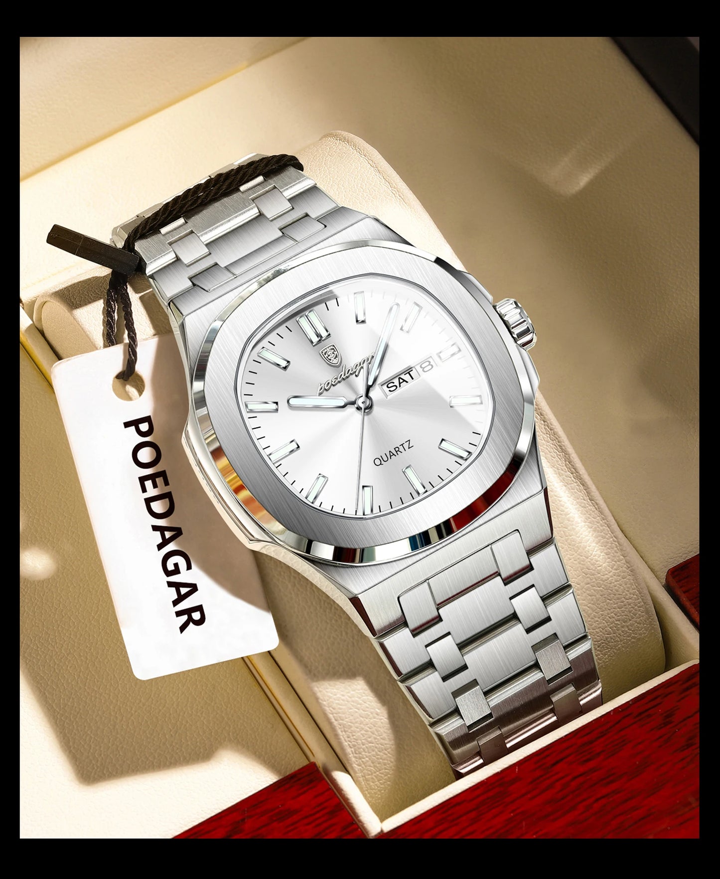 POEDAGAR Classic Square Men Wristwatch Waterproof Luminous Date Week Casual Man Clock Stainless Steel Men's Quartz Watches Reloj