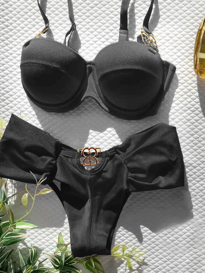 Brazilian Bikini Swimsuit for Women, Ring Linked Halter, Swimwear, Beachwear, 2025