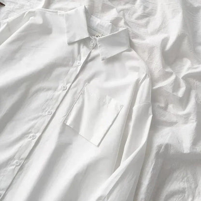 Japanese Style Loose Long Sleeve White Shirts Women Preppy Style Pocket Turn Down Collar Shirt Woman Harajuku Oversized Blouse