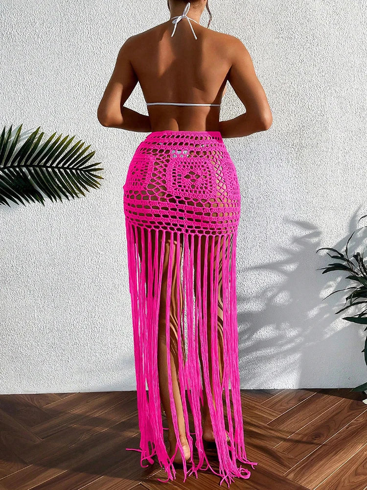 Crochet Tassel Bikini Cover Up Dress Beach Wear Women Tie Up Bather Bathing Suit Tassel Long Skirt Swimsuit Cover Up Beach Dress