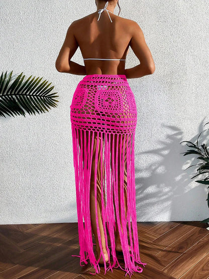 Crochet Tassel Bikini Cover Up Dress Beach Wear Women Tie Up Bather Bathing Suit Tassel Long Skirt Swimsuit Cover Up Beach Dress