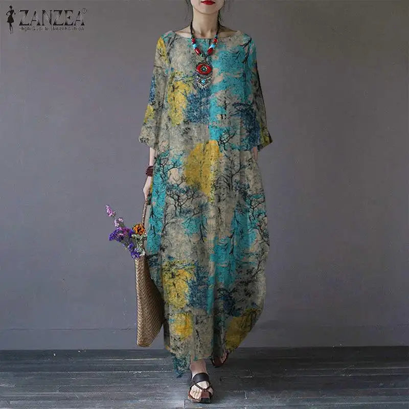ZANZEA Bohemian Vintage Robe Women Maxi Long Dress Elegant Floral Printed Sundress Causal Loose Cotton Vestidos Autumn Dresses