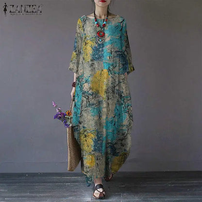 ZANZEA Bohemian Vintage Robe Women Maxi Long Dress Elegant Floral Printed Sundress Causal Loose Cotton Vestidos Autumn Dresses