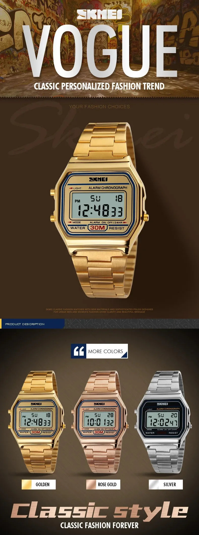 SKMEI 1123 Luxury Retro Digital Sports Watch for Men Stainless Steel Waterproof Mens Wristwatches Steel Clock 1328 Reloj Hombre