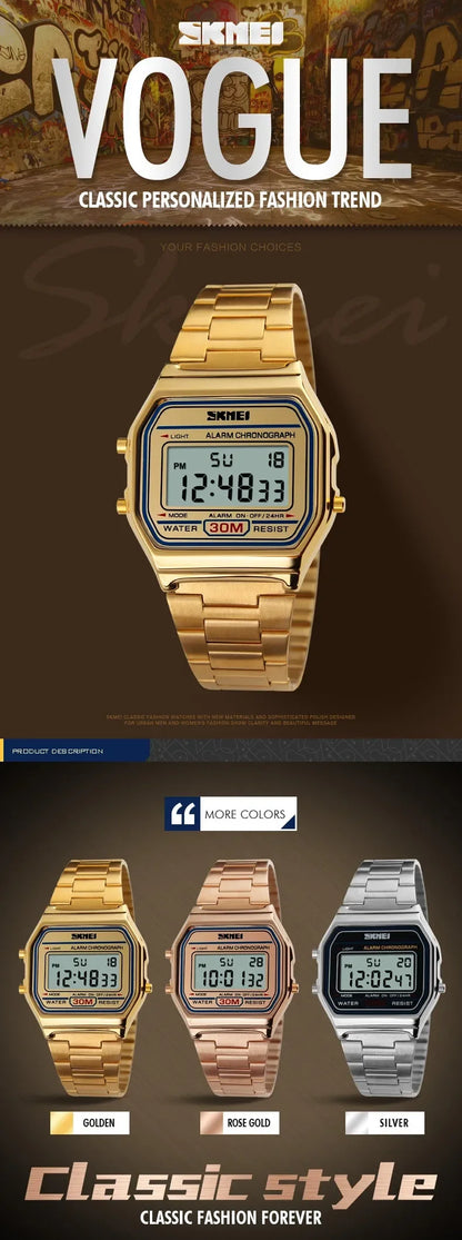 SKMEI 1123 Luxury Retro Digital Sports Watch for Men Stainless Steel Waterproof Mens Wristwatches Steel Clock 1328 Reloj Hombre