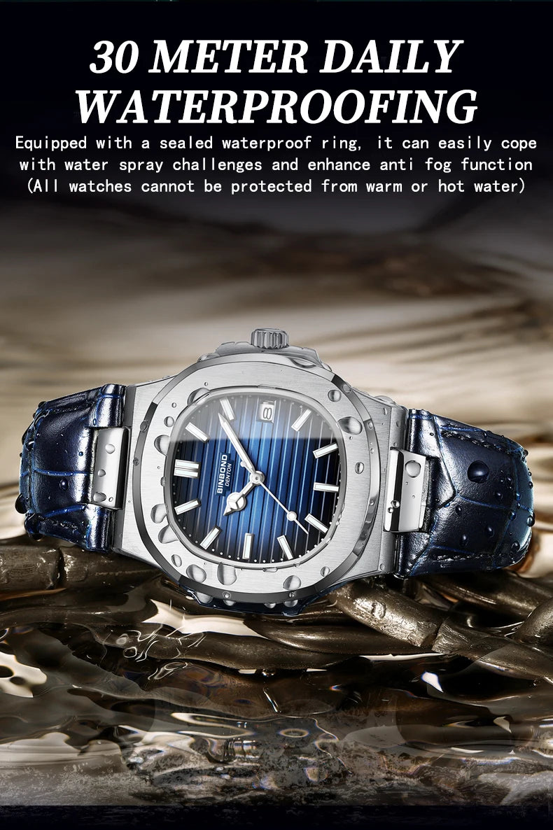 BINBOND precise quartz wristwatches for men luxury luminous waterproof auto date leather strap durabble men's watch casual reloj