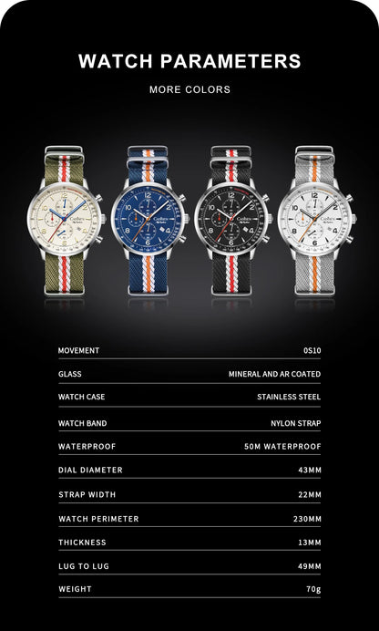CADISEN Men's Watches Luxury Quartz Watch For Men Japan MIYOTA 0S10 Movt Canvas Strap Chronograph Waterproof Men's Wristwatch