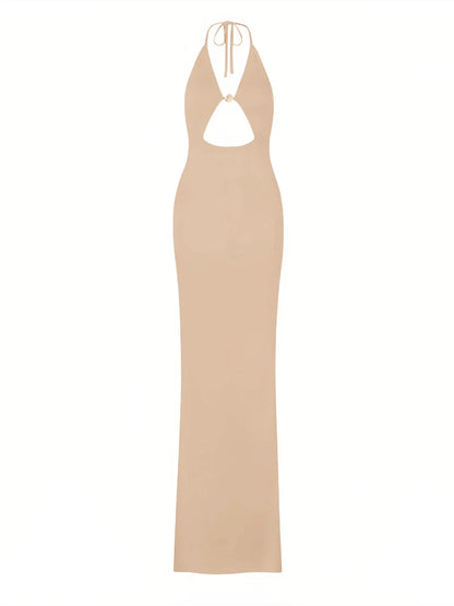 Sexy Knit Halter V Neck Slit Beach Maxi Dress For Women 2026 Chic Button Cut Out Backless Party Dresses Swimwear Cover Up A3151