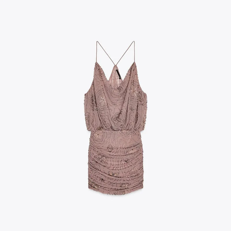Sexy Sequin Women's Beads Sling Dress Fashion V-Neck High Waist Slim Fit Lady's Dresses Summer Beach Holiday Party Robes