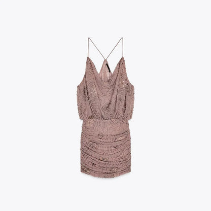 Sexy Sequin Women's Beads Sling Dress Fashion V-Neck High Waist Slim Fit Lady's Dresses Summer Beach Holiday Party Robes