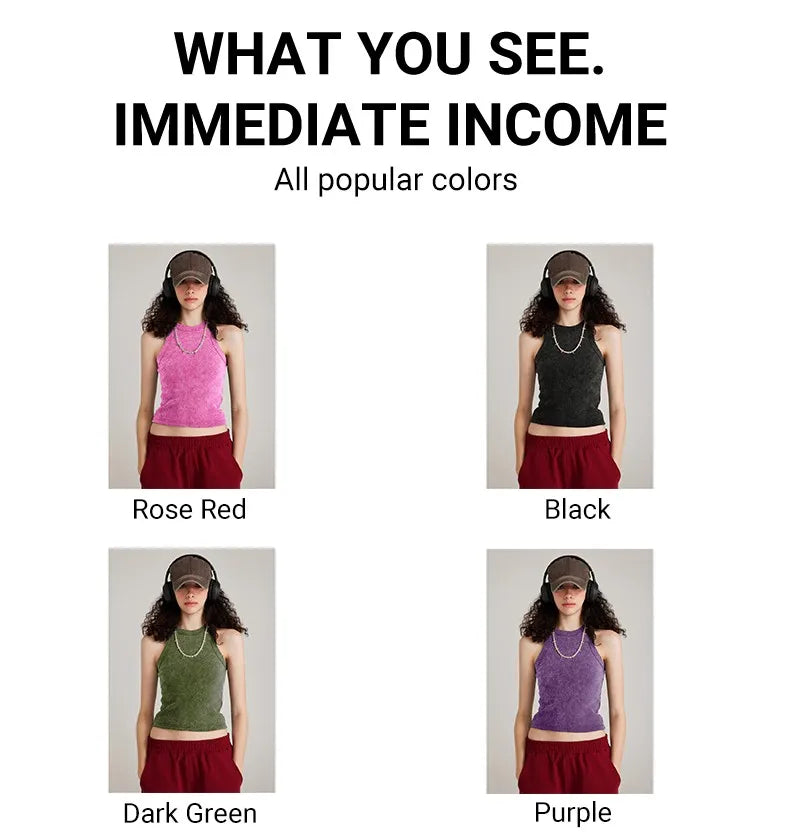 Y2k Cotton Solid Tank Tops For Womens Summer Sexy Sleeveless O-Neck Tight Washed Crop Tees Casual All-math Basic Streetwear