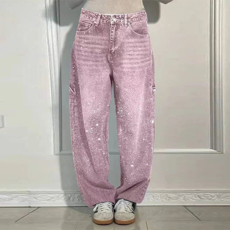 Chic Rhinestone Women's Jeans Y2k Street Oversize Loose Shining Female Wide Leg Pants 2025 Spring Summer Lady Denim Trousers