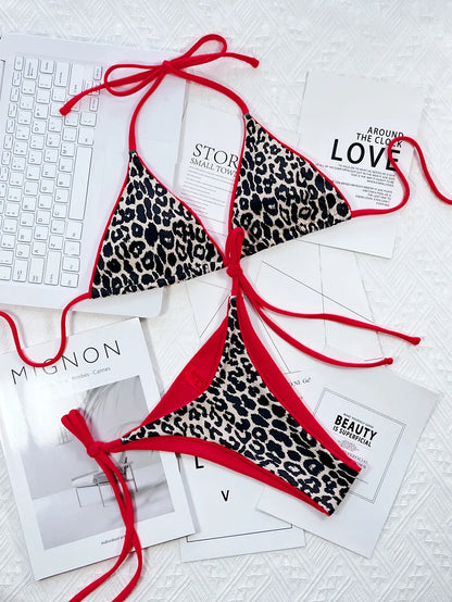 Sexy Leopard Micro Bikini 2025 Women Swimsuit Female Swimwear Thong Bikinis Set Brazilian Halter Beach Wear Lace Up Bathing Suit