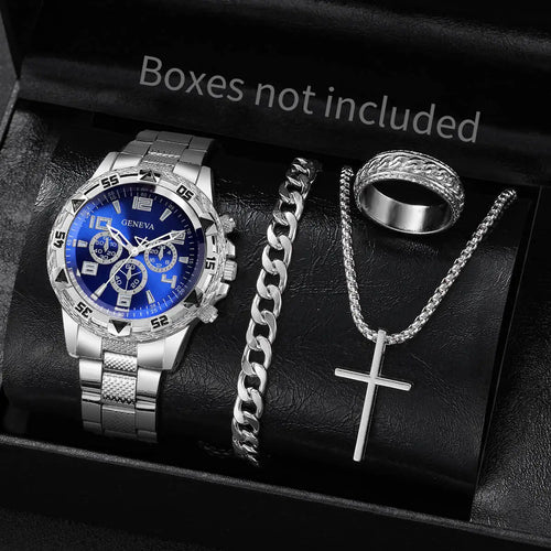 4PCS/Set Fashion Men Business Watches Luxury Big Dial Quartz Watch for Men Clock Jewelry Set Reloj Hombre（Without Box）