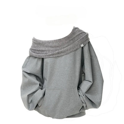 Knit Patchwork Sweatshirt Women Loose Casual Long Sleeve Sporty Top Spring Fall Chic Lazy Off Shoulder Harajuku Y2K Coat