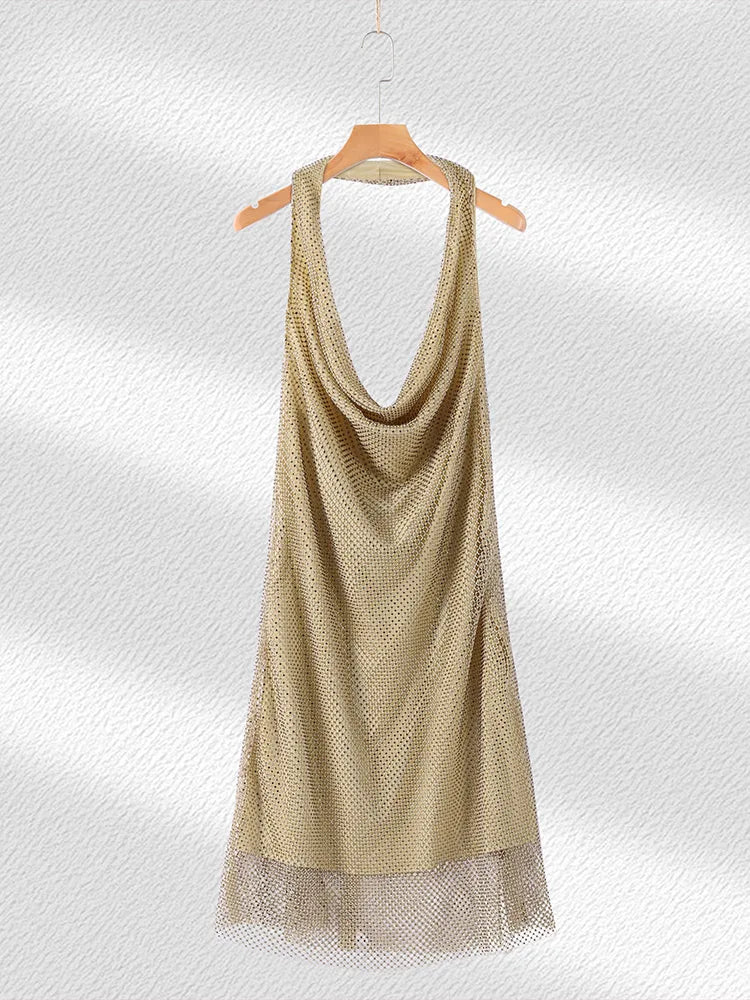 Rhinestone Halter Short Dress Women Sexy Sleeveless Backless Waist Cinching Hip Package Bodycon Party Evening Dresses Streetwear