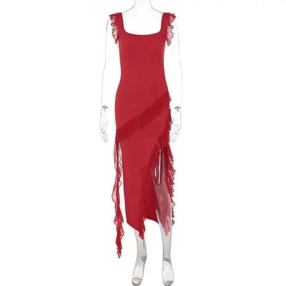 Giyu Sexy Ruffles Summer Dress 2025 Women Clothing Elegant Holiday Club Evening Party Dresses Slash Neck Split Bodycon Long Robe