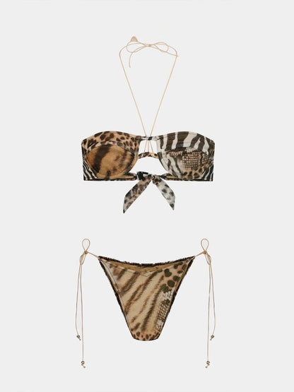 Sexy Swimsuit Bikini Women Leopard Print Swimwear Gold Ring High Leg Two Piece Bathing Suit Strappy Beachwear Biquini