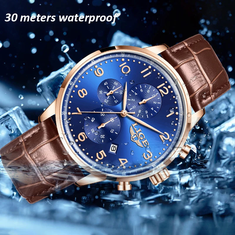 LIGE Casual Sports Watches For Men Fashion Business Leather Waterproof Quartz Men Watch Top Brand Luxury Military Chronograph