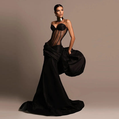 High Couture Maxi Dress Off Shoulder Mermaid Formal Dresses with Floral Sleeves Long Dubai Evening Gown Corset Backless