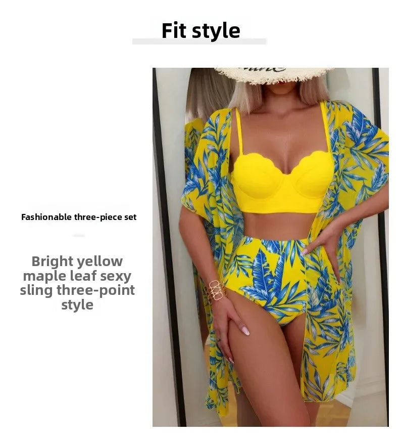 High Waist Leaf Print Bikini Swimsuit with Net Cover up Slimming Design Cross-Border New Style Women's Fashion Swimwear